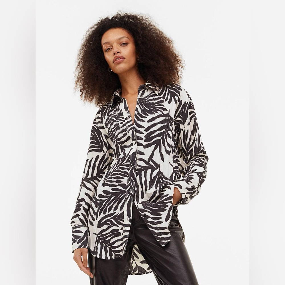 H&M Crinkle Chiffon Oversized Shirt Leaf Print